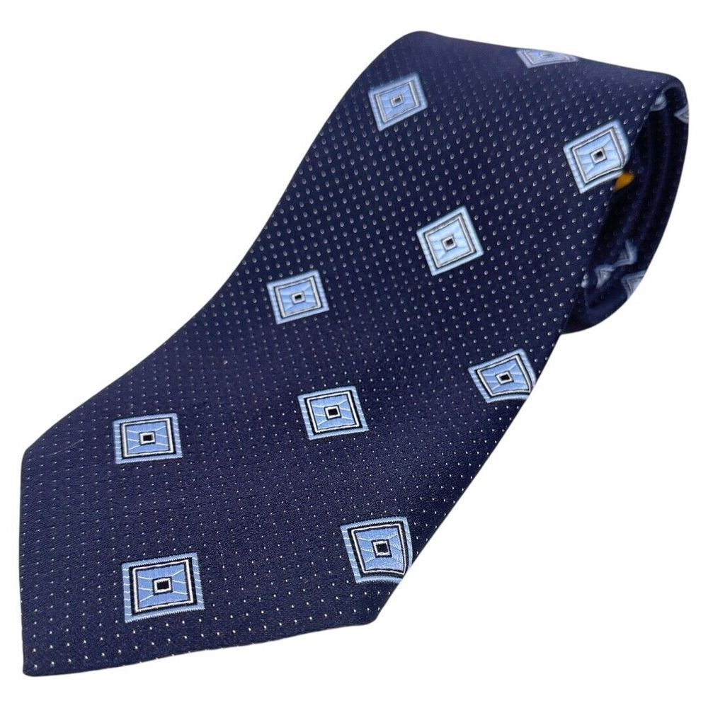Charvet Silk Necktie Mens Blue Geometric Squares Pattern Formal Business
